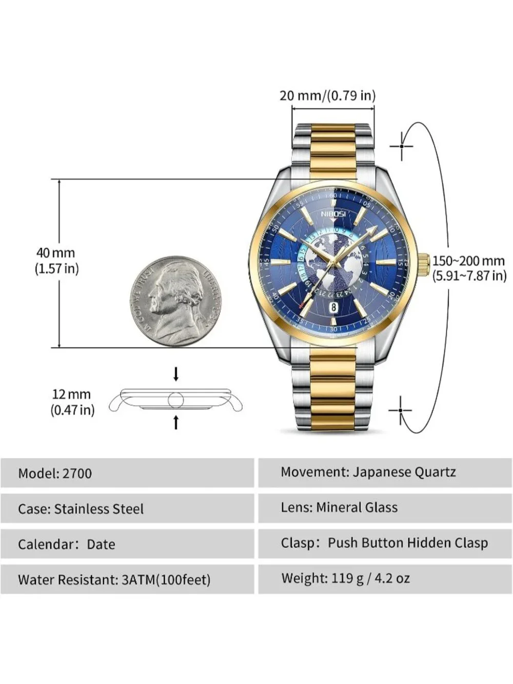 Men's Blue Gold Analog Quartz Stainless Steel Waterproof Casual Wrist Watch